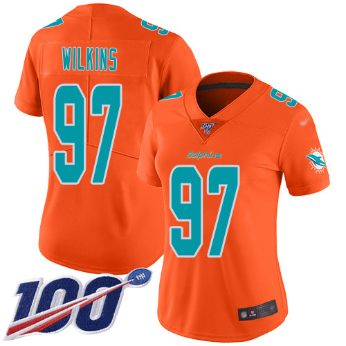 Nike Miami Dolphins #97 Christian Wilkins Orange Women Stitched NFL Limited Inverted Legend 100th Season Jersey